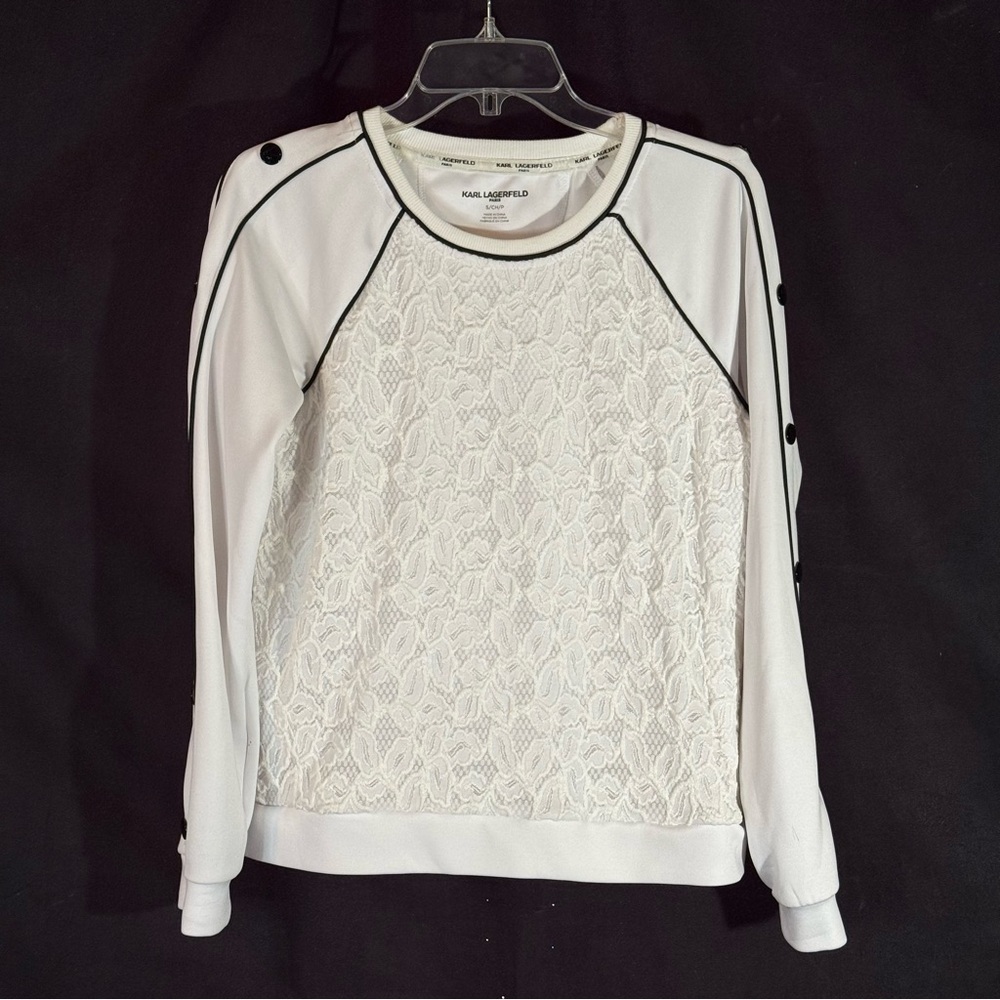 Karl Lagerfeld White Lace Sweatshirt with Black Accents